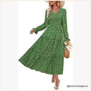 Floral Boho Maxi Dress Long Sleeve V Neck A Line Wedding Guest